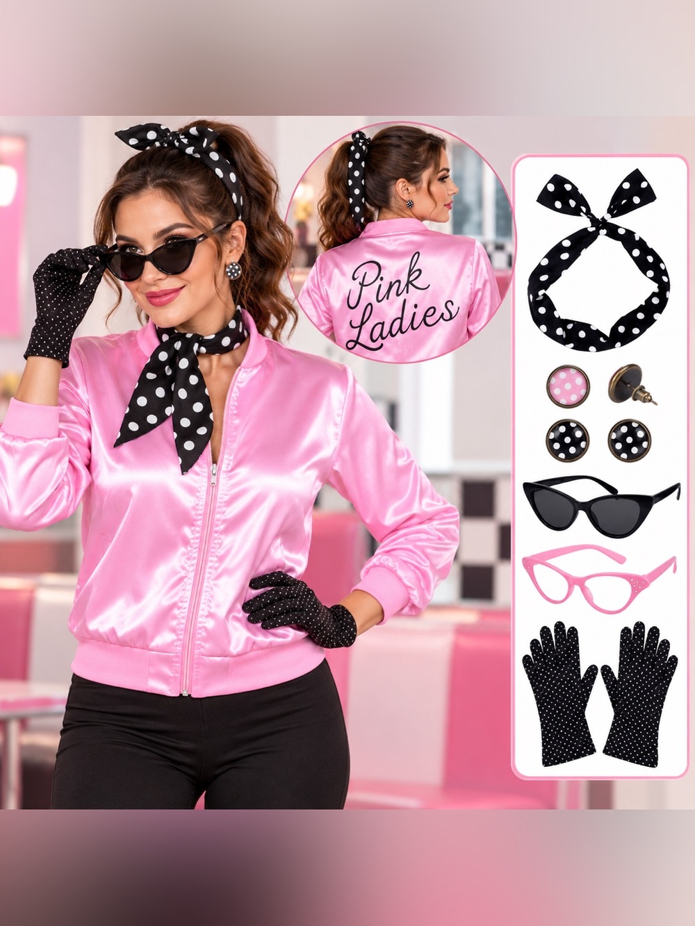 Pink Ladies Costume Set Women’s Medium Satin Jacket 50s Grease Retro NWT